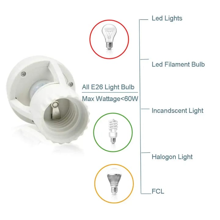 Smart PIR Motion Sensor Bulb Holder / Socket Adapter (E27 Base)